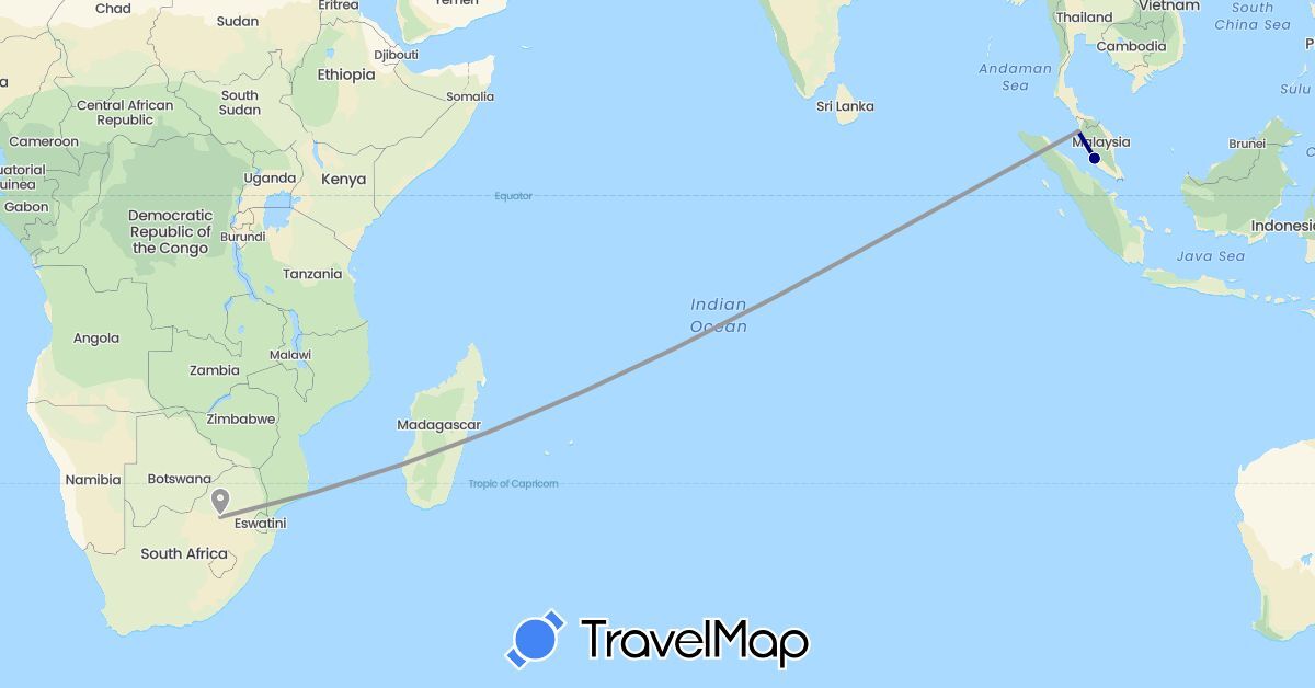 TravelMap itinerary: driving, plane in Malaysia, South Africa (Africa, Asia)
